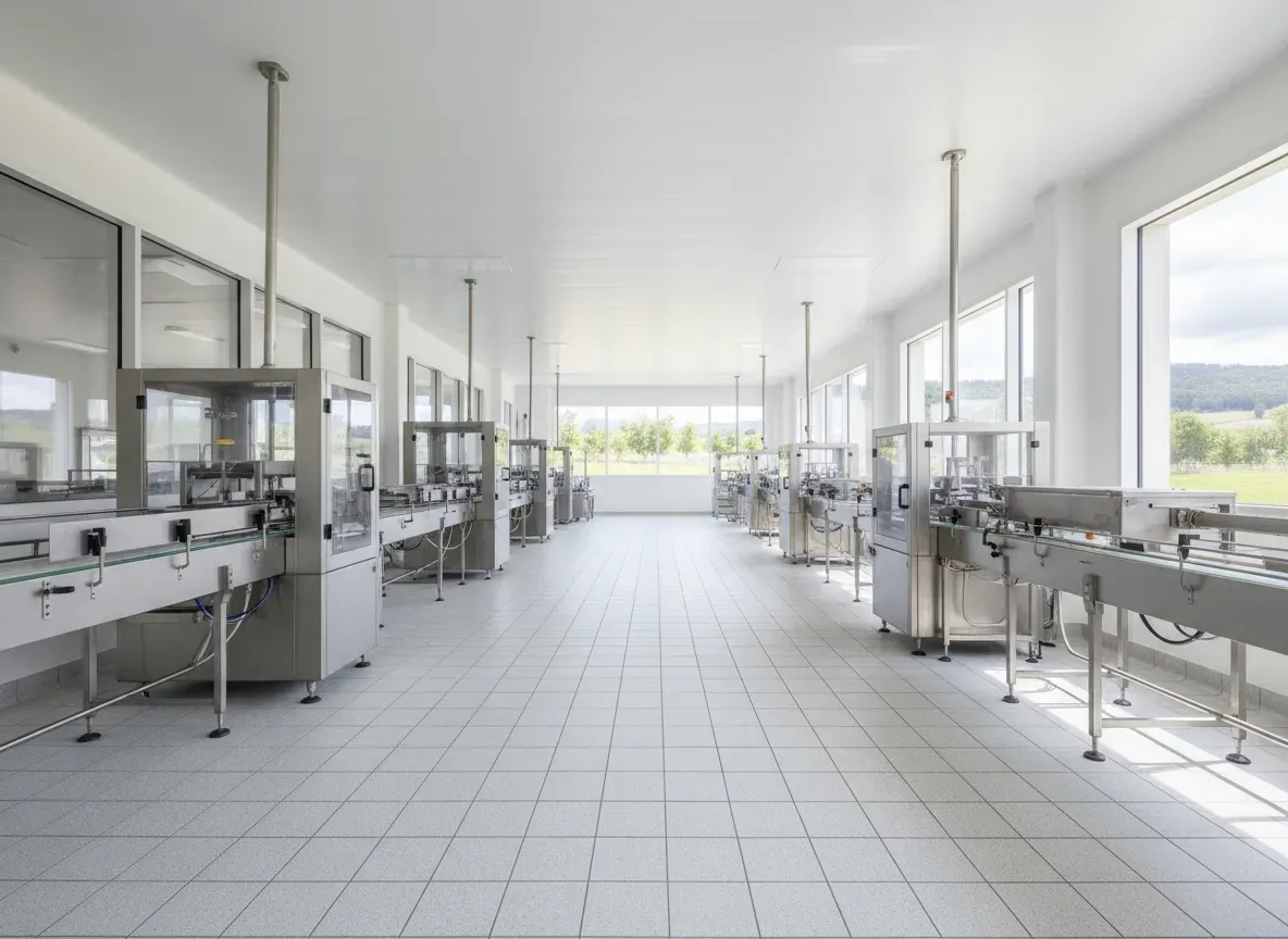 Photograph of a bright modern food production facility interior, stainless steel lines and clean tiled floors, large windows with daylight, calm editorial composition, no text, no logos, no people
