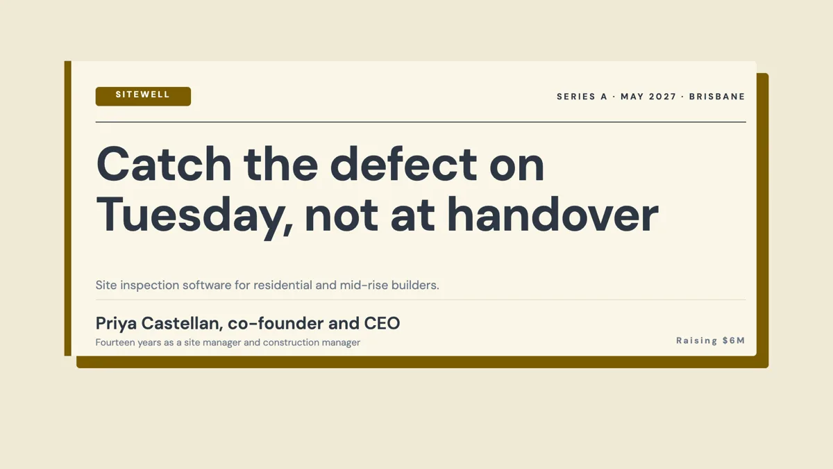 Construction tech pitch deck measured in defects per site example