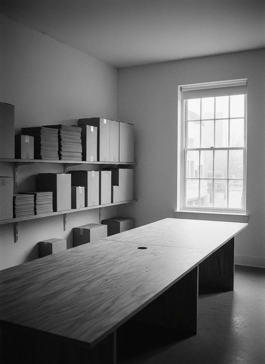 A quiet black and white photograph of an empty studio meeting room, long plywood table, stacked packaging mockups along one wall, tall sash window with soft grey daylight, film grain, no people, no text, no logos