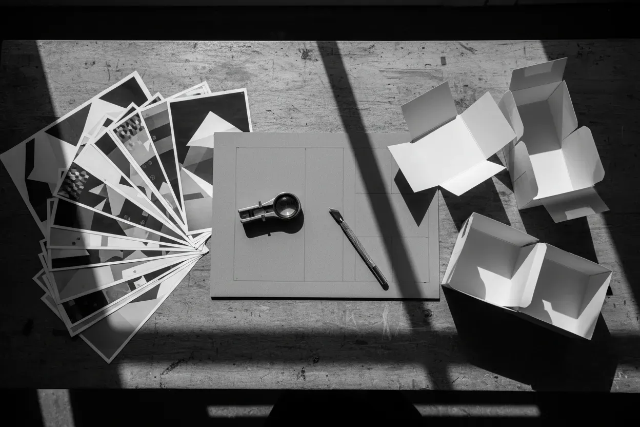 A wide monochrome photograph of a design studio worktable seen from above, printed colour proofs fanned out, folded paper packaging dummies, a loupe and a scalpel on grey board, hard window light, high contrast, landscape composition, no people, no text, no logos