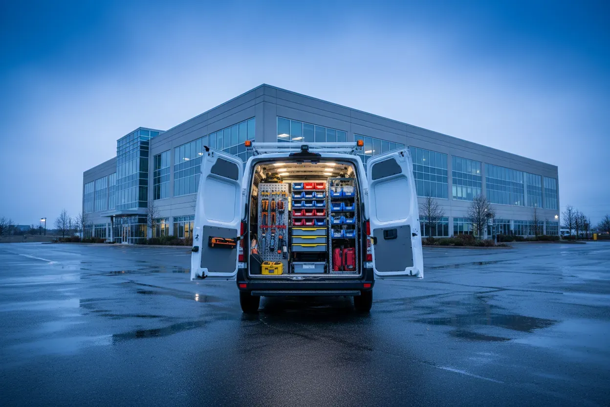 A tall editorial photograph of a field service van parked outside a large commercial building at dawn, rear doors open showing neatly racked tools and parts bins, wet tarmac, cold blue morning light, documentary style, no people, no readable text, no logos