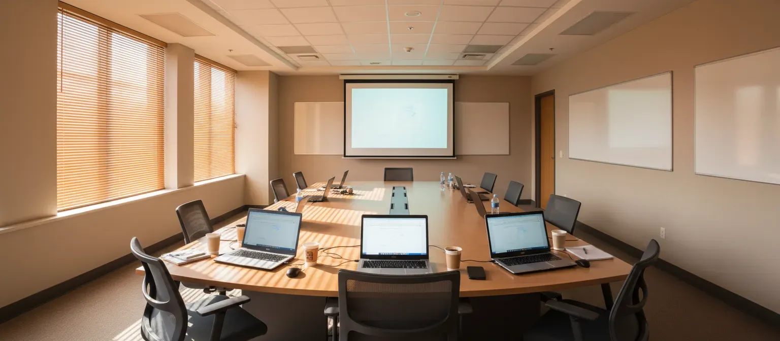 A wide landscape photograph of an ordinary office training room set up for a small group, laptops open on a long table, a projector screen glowing pale at the far end, morning light through venetian blinds, warm muted colours, no people, no readable text, no logos