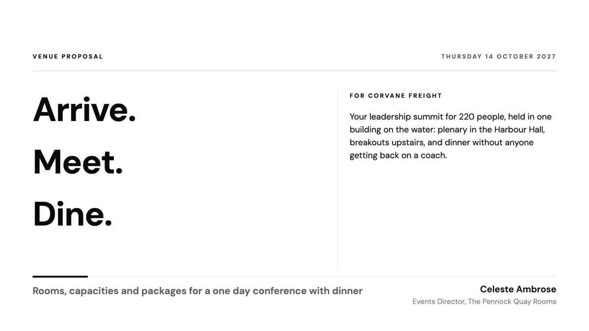 Event venue sales deck: rooms, capacities and packages example