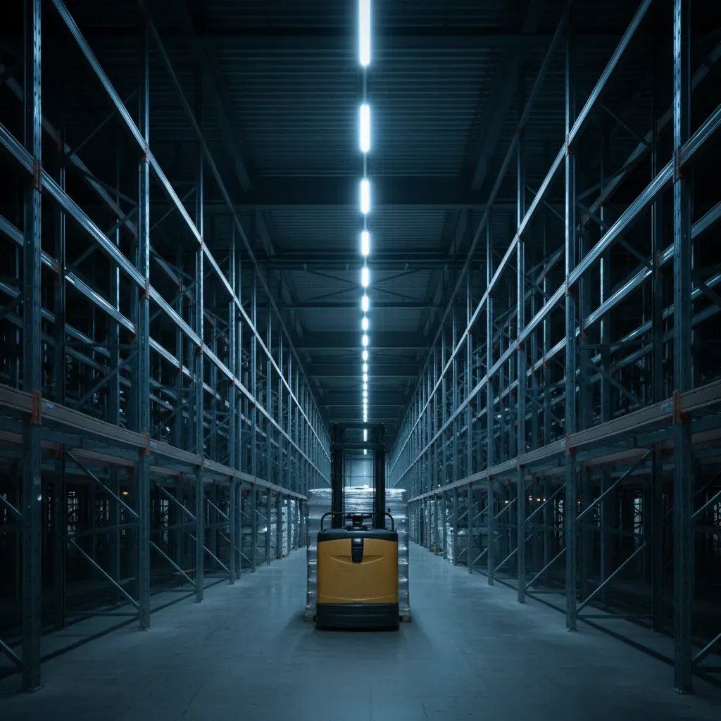A tall vertical photograph of a modern warehouse aisle at night, high racking receding into shadow, pale blue LED light along the roof line, a pallet truck parked in the foreground, cold industrial palette, no people, no readable text, no logos