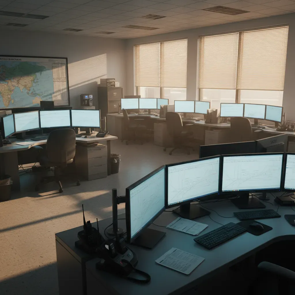 Photograph of a quiet freight dispatch office at first light, empty desks with route monitors glowing, warm daylight through venetian blinds, documentary style, no readable text on screens, no logos