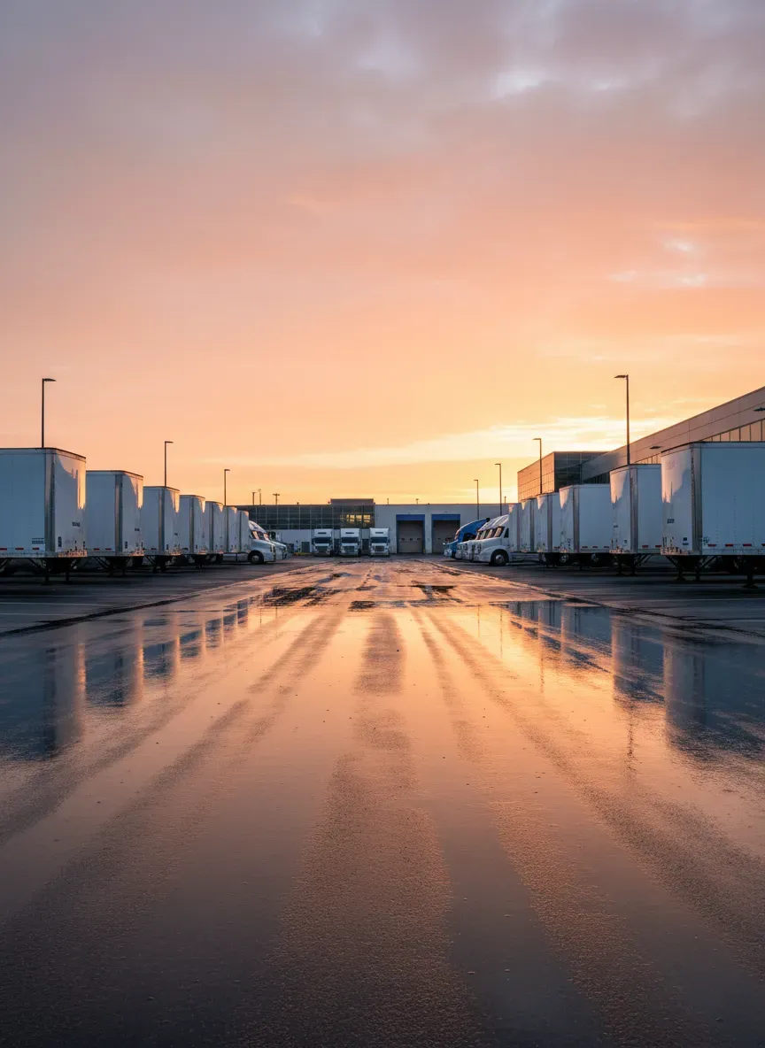 Photograph of a modern freight truck depot at dawn, rows of clean white trailers, wet asphalt reflecting a soft orange sky, wide editorial composition, calm and premium, no text, no logos