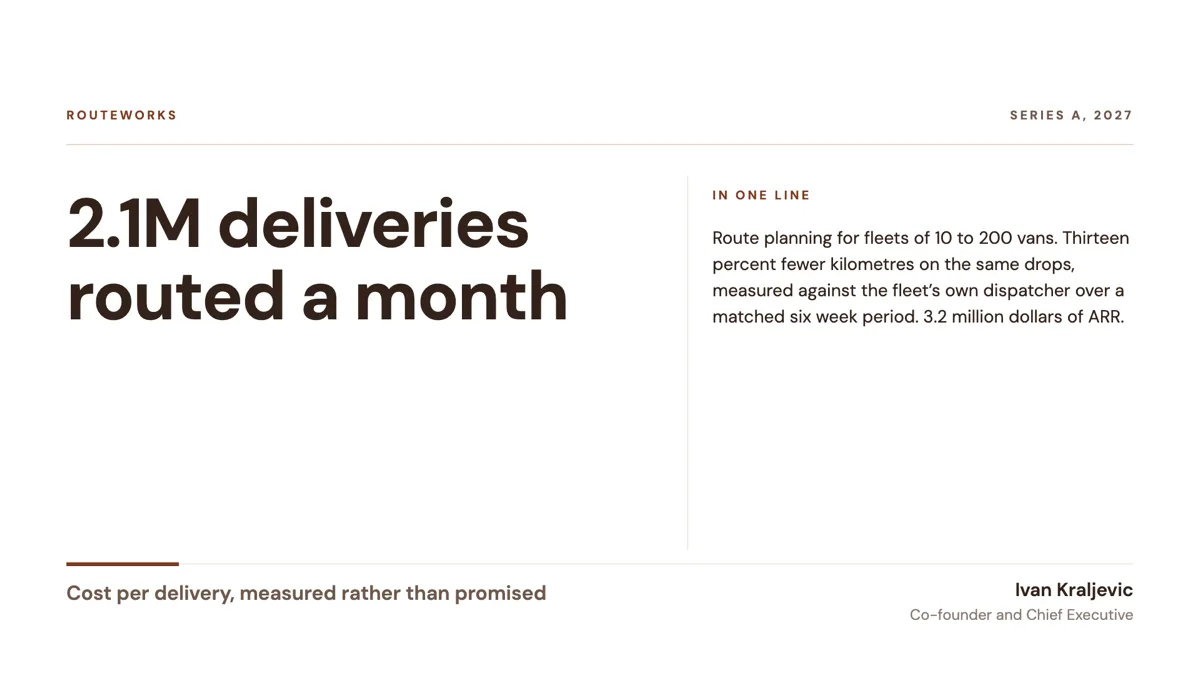 Logistics startup pitch deck built on cost per delivery example