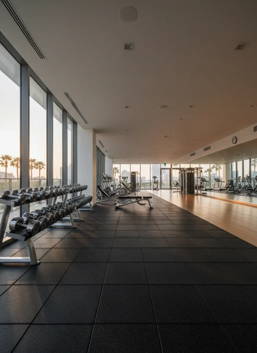Photograph of an empty modern gym floor in morning light, racks of dumbbells and rubber flooring, tall windows, wide calm composition, no text, no logos