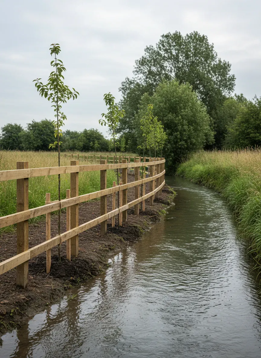 Photograph of a riverside fence and newly planted young trees beside a shallow English river