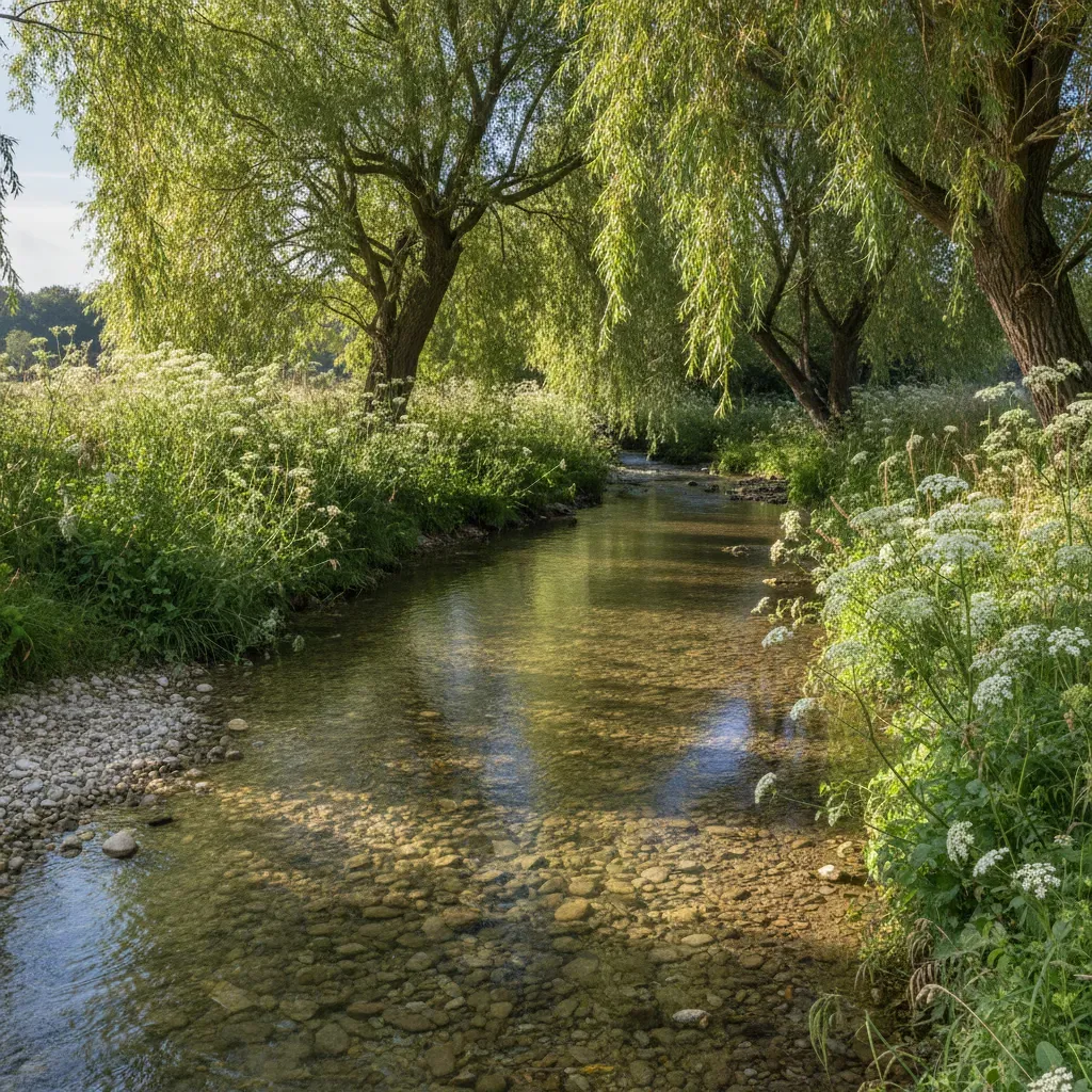 Photograph of a small English chalk river in late summer, clear shallow water over pale gravel, overhanging willow and cow parsley on the bank, soft afternoon light, calm documentary style, vertical composition, the scene fills the frame edge to edge, no people, no text, no logos