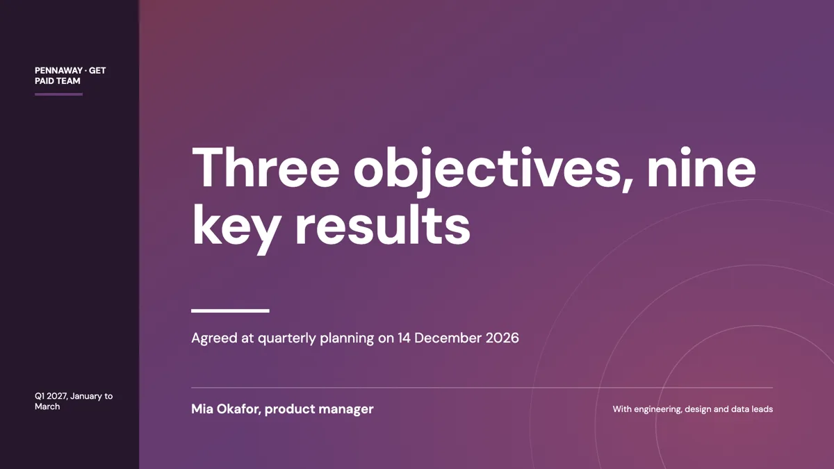OKR presentation example: objectives, key results, owners example