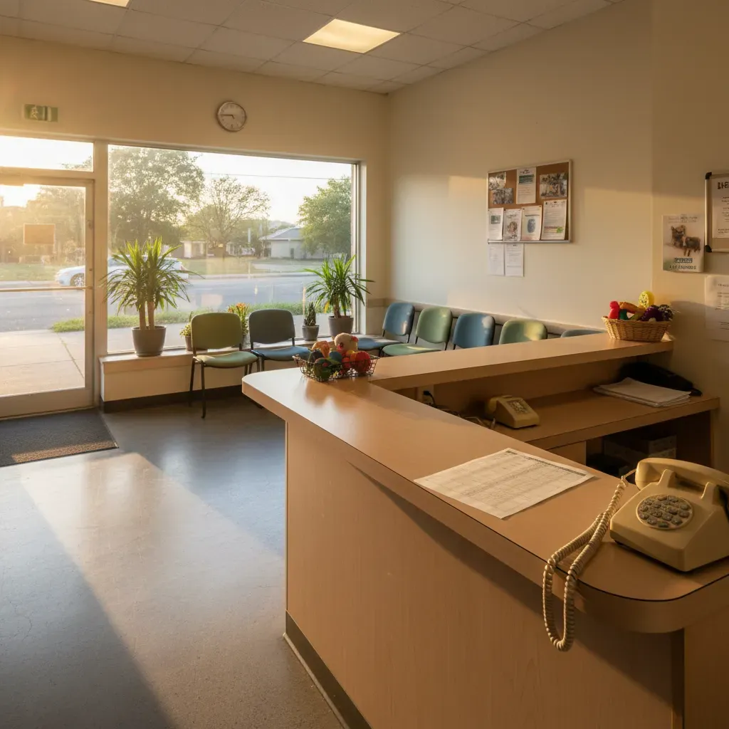 Photograph of the reception counter of a small independent veterinary clinic early in the morning, empty waiting chairs, a printed appointment sheet and a landline on the counter, warm daylight through a shopfront window, calm documentary style, wide composition, no people, no text, no logos