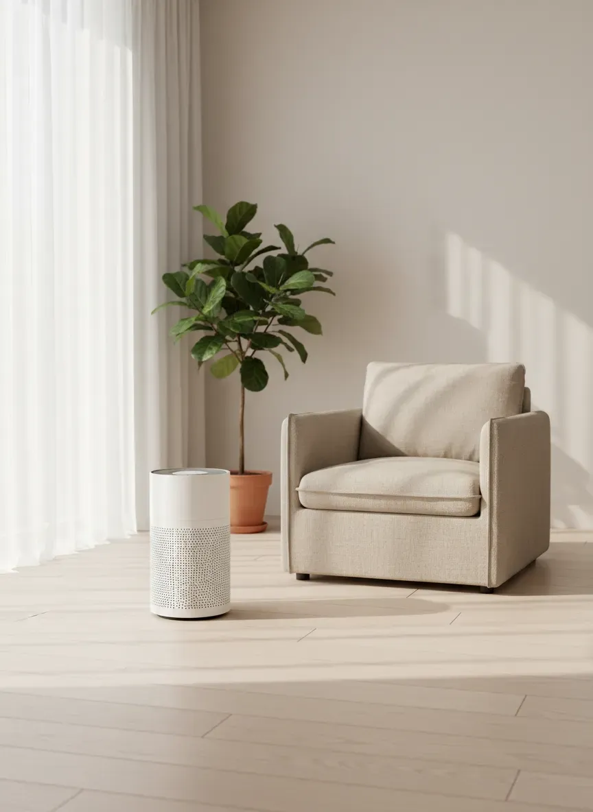 Product photograph of a matte white cylindrical air purifier on a pale timber floor beside a linen armchair, soft window light, minimal interior, no text, no logos
