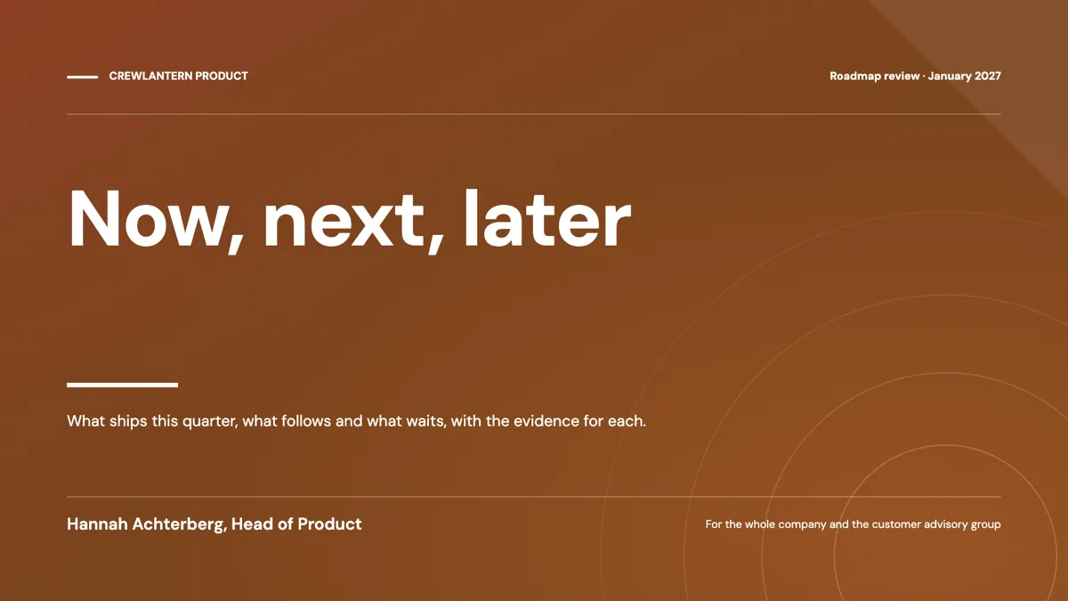 Product roadmap presentation example: now, next, later example