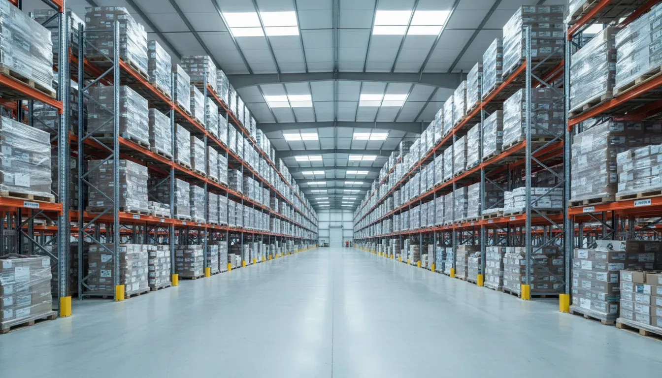 Photograph of a large modern distribution warehouse interior, tall racking rows, clean concrete floor, cool daylight from roof lights, wide calm composition, no text, no logos, no people