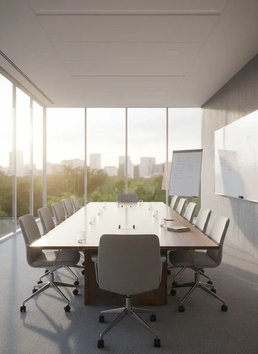 Photograph of an empty bright meeting room with a long table, glass wall and a whiteboard with faint marks, morning light, documentary style, no readable text, no logos, no people