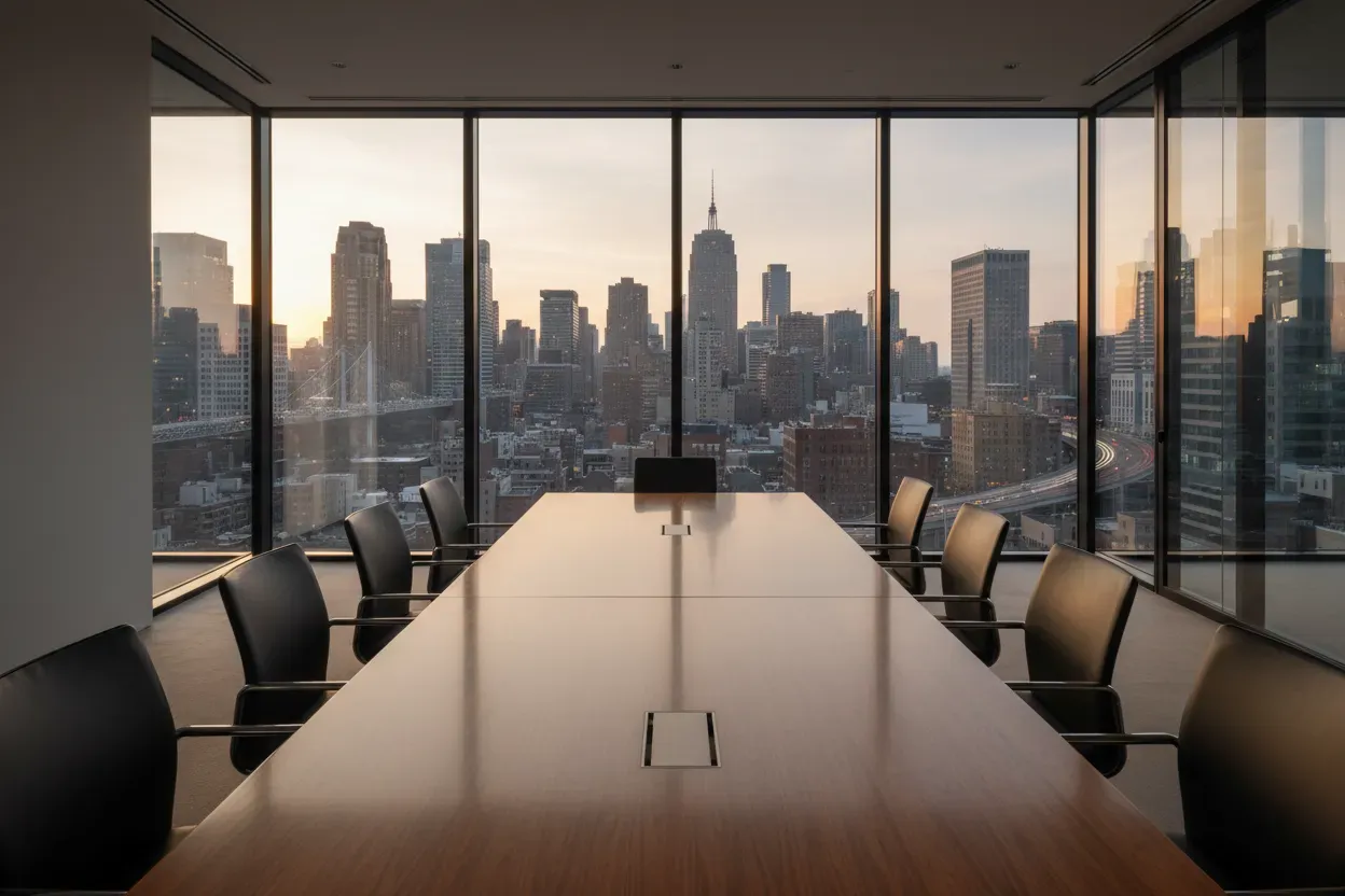 Architectural photograph of a modern boardroom interior, long timber table, glass wall overlooking a city, soft evening light, wide calm composition, no text, no logos