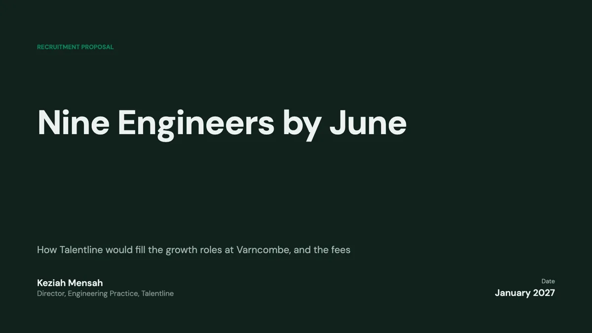 Recruitment agency pitch deck: time to hire and fee model example