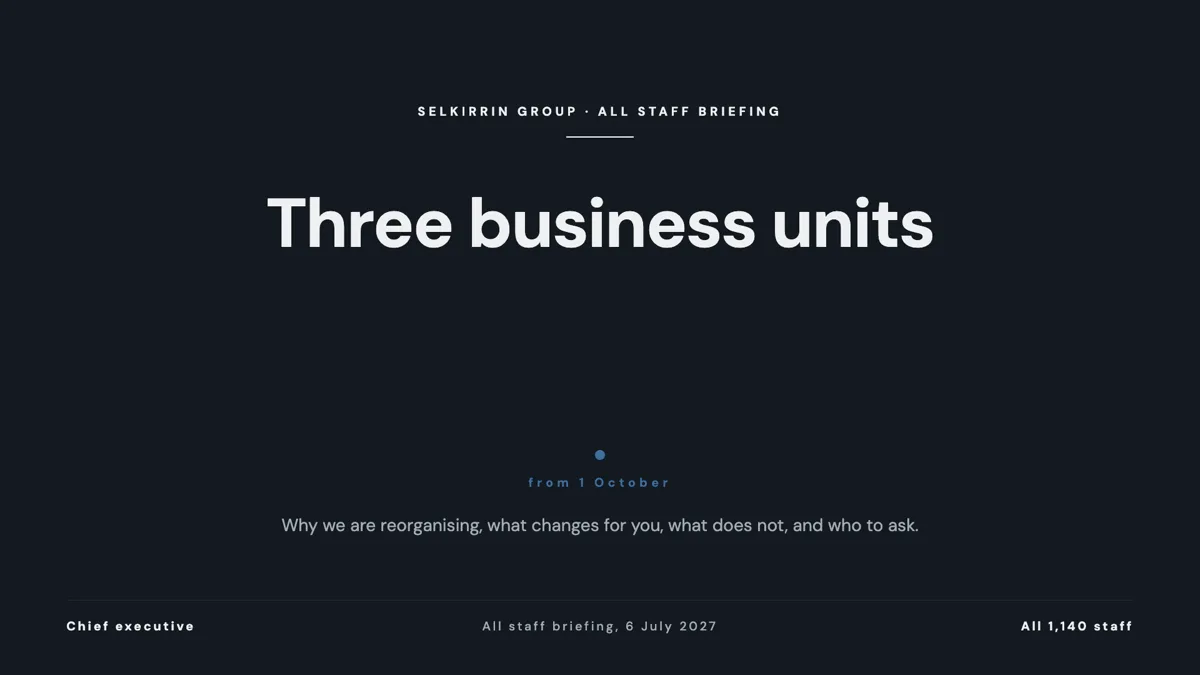 Reorganisation announcement presentation: why, what changes, when example