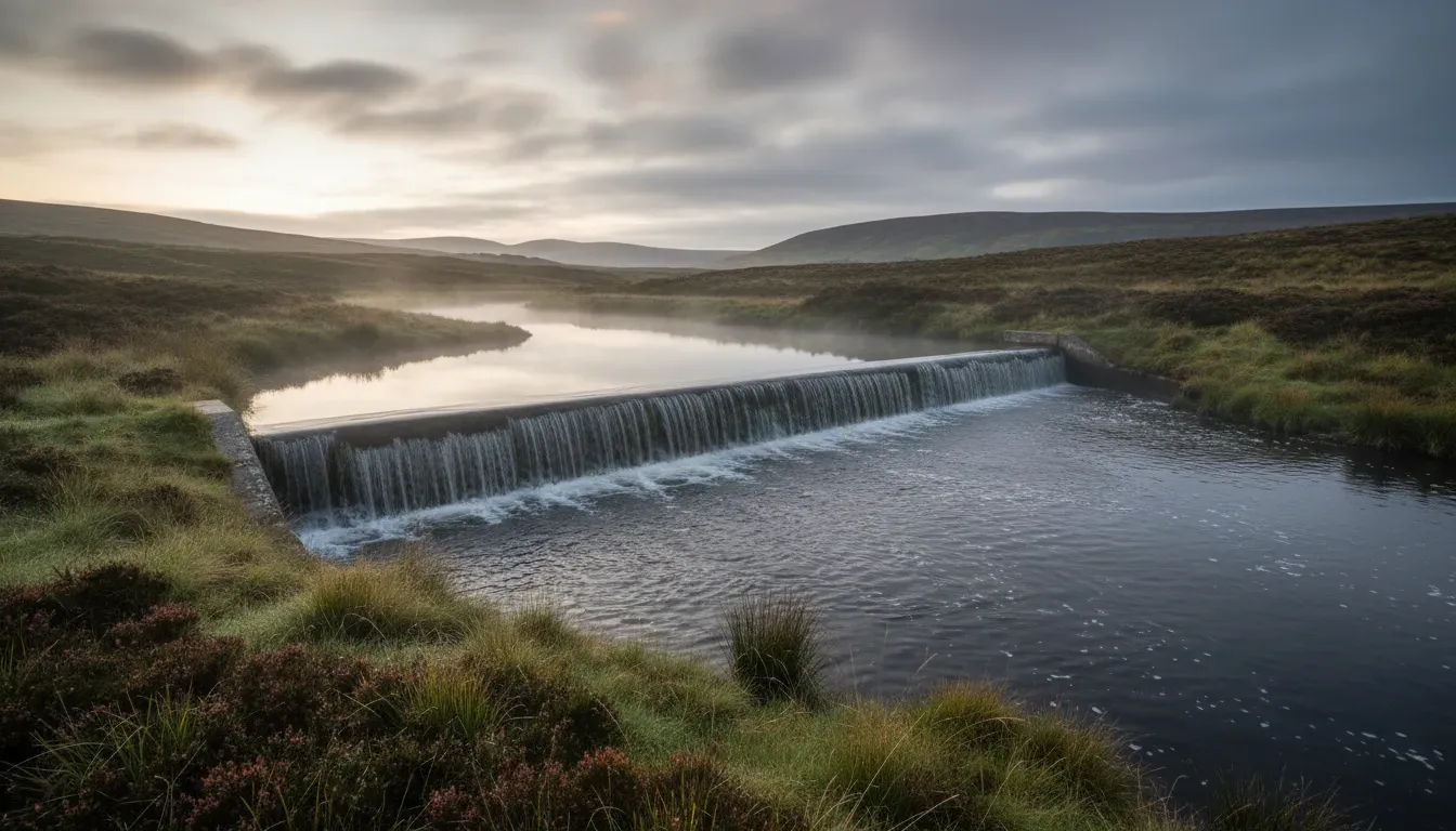 A wide, calm photograph of an upland river gauging weir in northern England at first light, concrete sill, dark water, wet moorland grass on the banks, low mist, overcast sky, documentary style, no people, no text, no signage