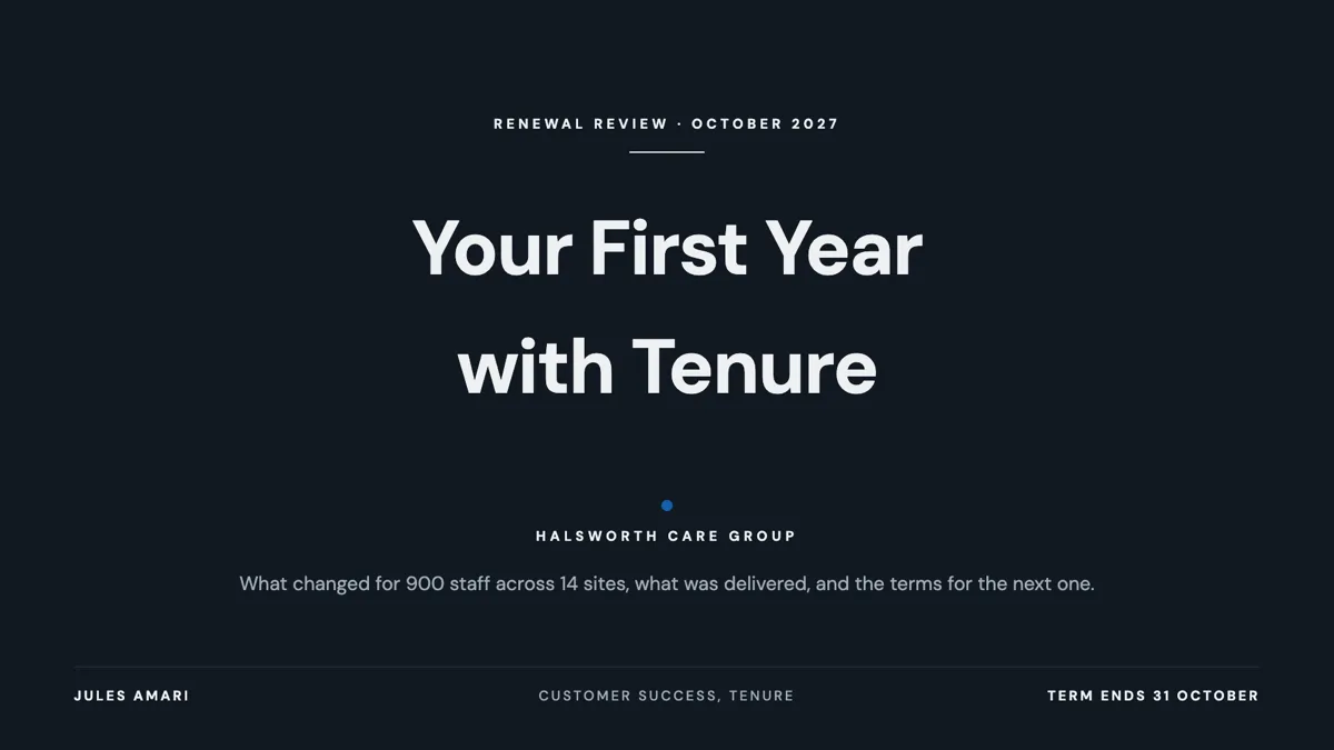 SaaS renewal deck: value delivered, then the ask example