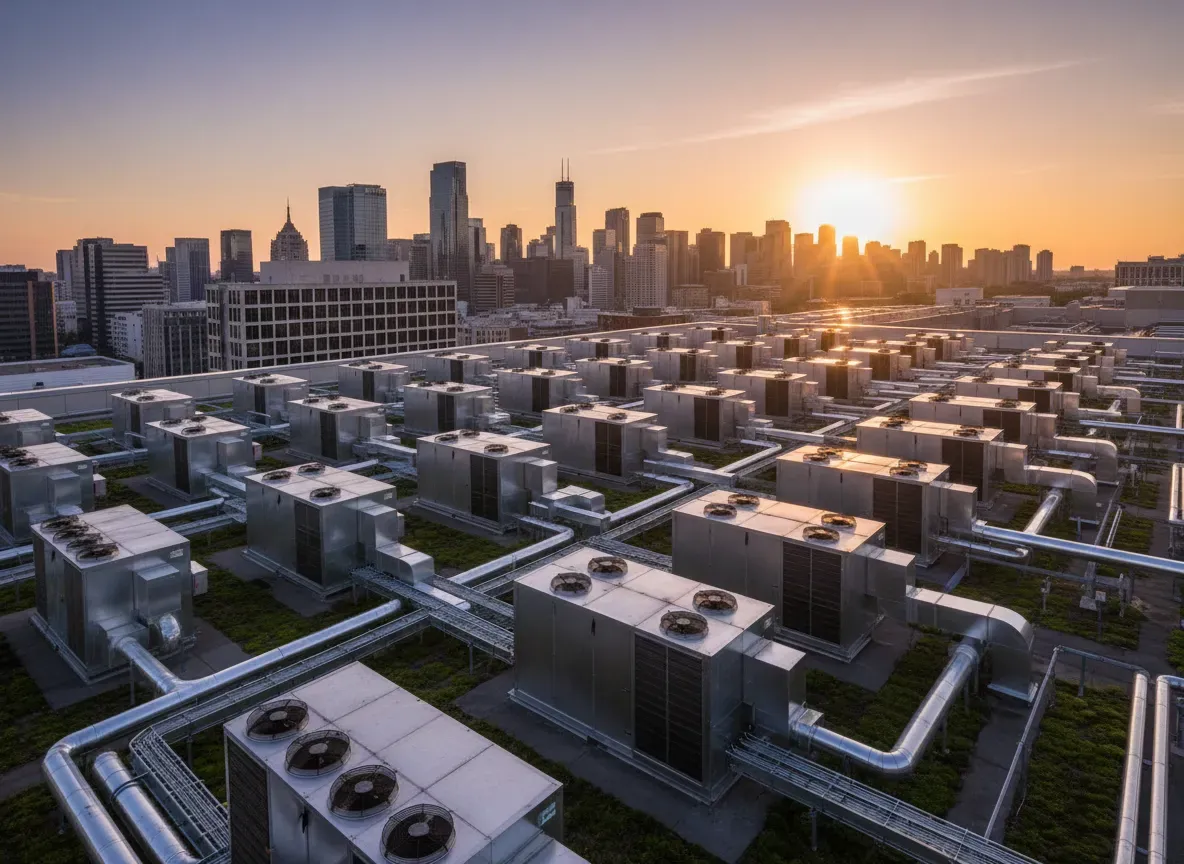 Photograph of a commercial building rooftop plant deck at golden hour, tidy rows of air handling units and ductwork, clean city skyline behind, wide editorial composition, no text, no logos