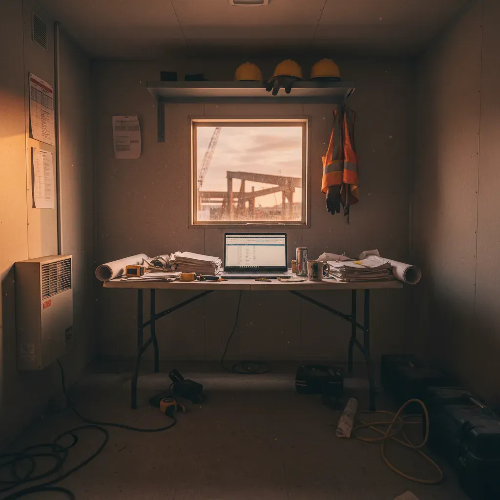Photograph of a construction site office trailer interior at the end of a workday, a laptop and stacked paperwork on a folding desk, hard hats on a shelf, late afternoon light through a small window, documentary style, the scene fills the entire frame edge to edge with no borders or letterboxing, no people, no text, no logos