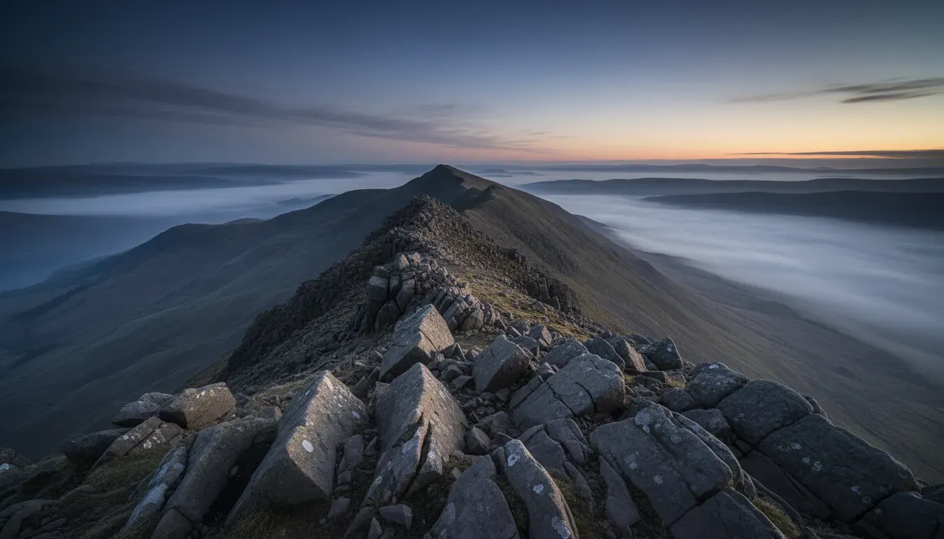 A cinematic wide photograph of a rocky ridge line in the Lake District at dawn, mist filling the valley below, dramatic side light on wet rock, deep blues and cold greys, atmospheric and moody, no people, no readable text, no logos