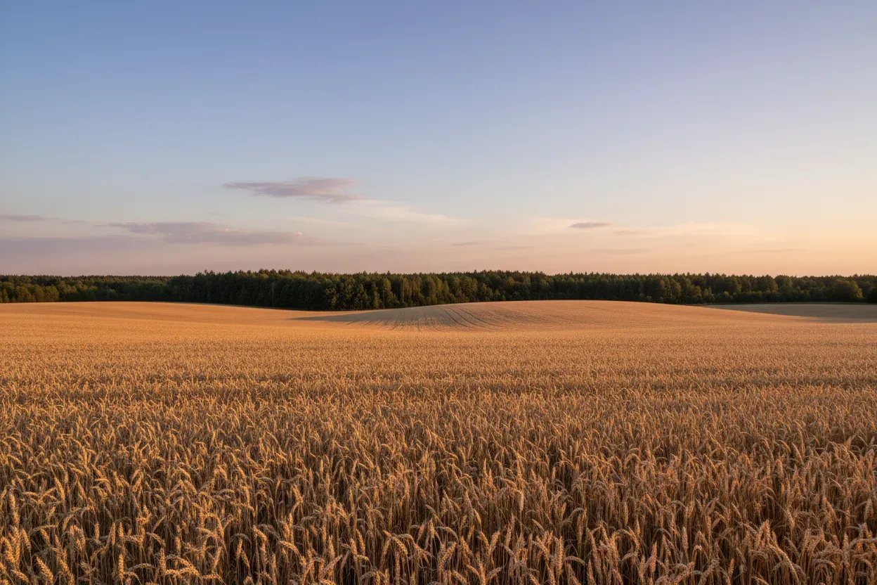 Landscape photograph of a wheat field in late afternoon light, even crop rows stretching to a distant treeline, clear sky, wide editorial composition, no text, no logos
