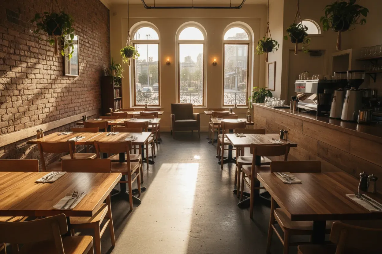 Photograph of a warm empty cafe interior before opening, timber tables set with cutlery, morning light through the front window, wide calm composition, no text, no logos