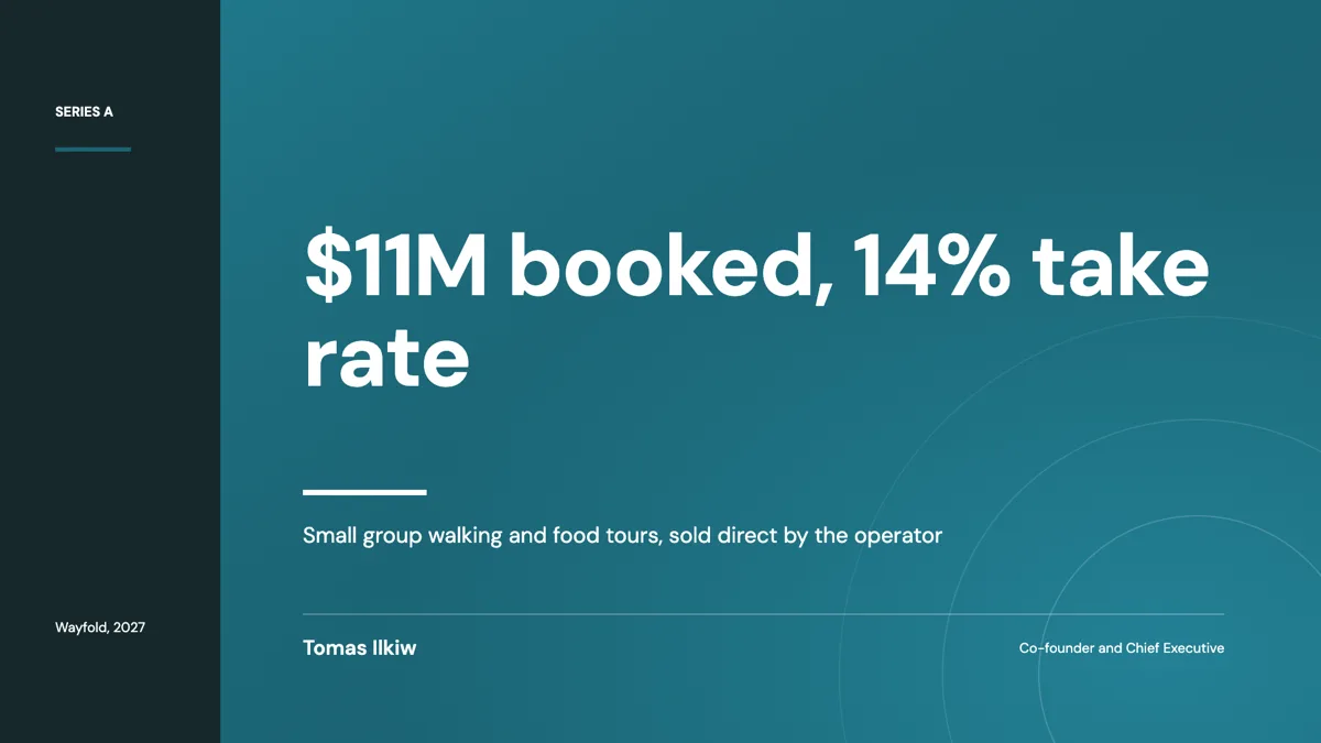 Travel startup pitch deck with take rate and seasonality shown example