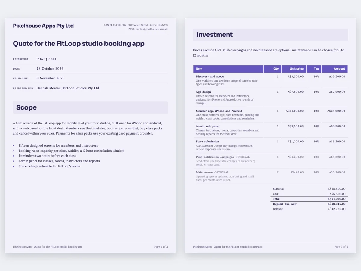App development quote for a studio booking app example