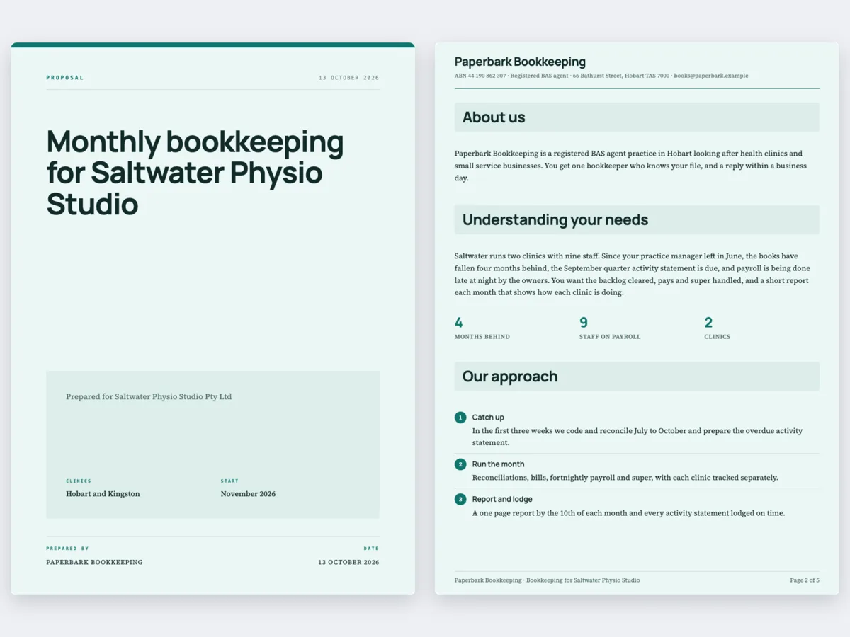 Bookkeeping services proposal with a catch up, payroll and BAS example