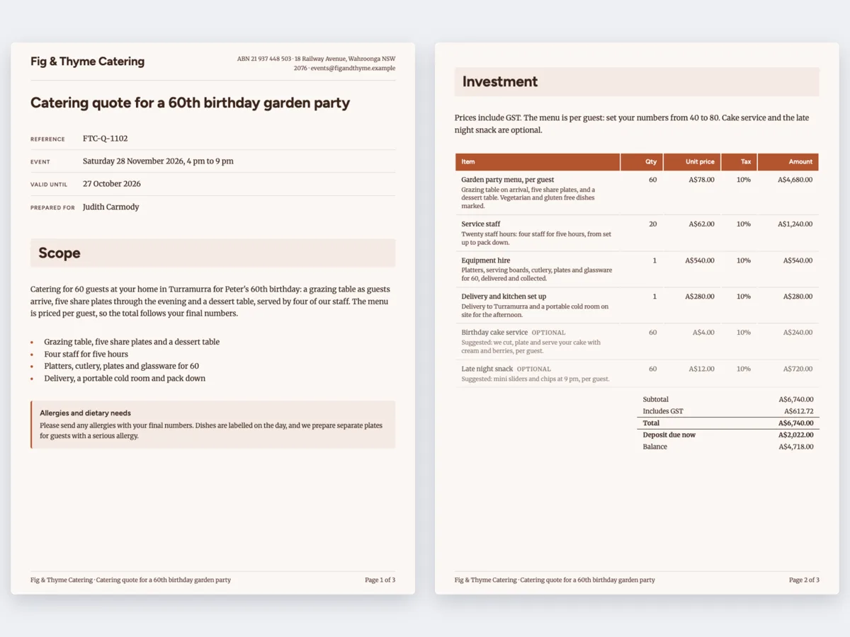 Catering quote example priced per guest example