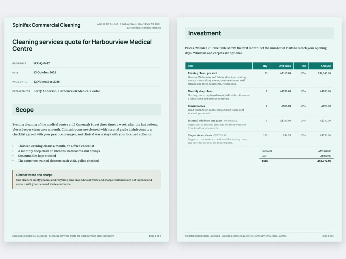 Cleaning services quote for a medical centre, priced per visit example