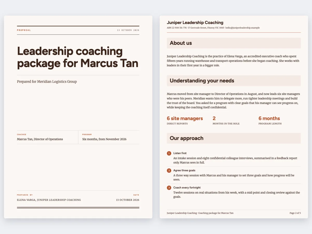 Coaching package proposal for a six month executive program example