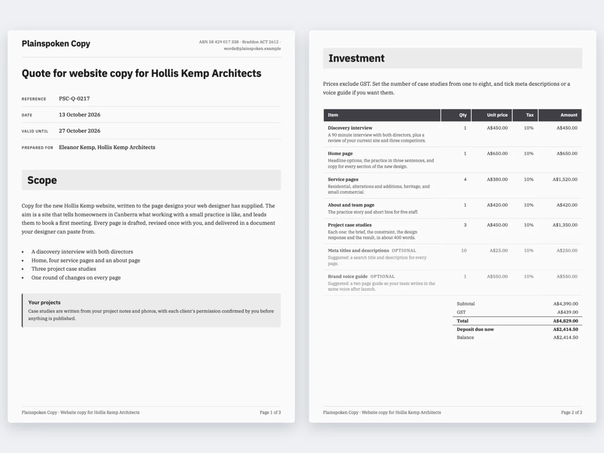 Copywriting quote for website copy, priced per page example