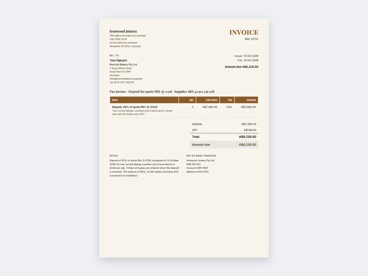 Deposit invoice example for an accepted quote example