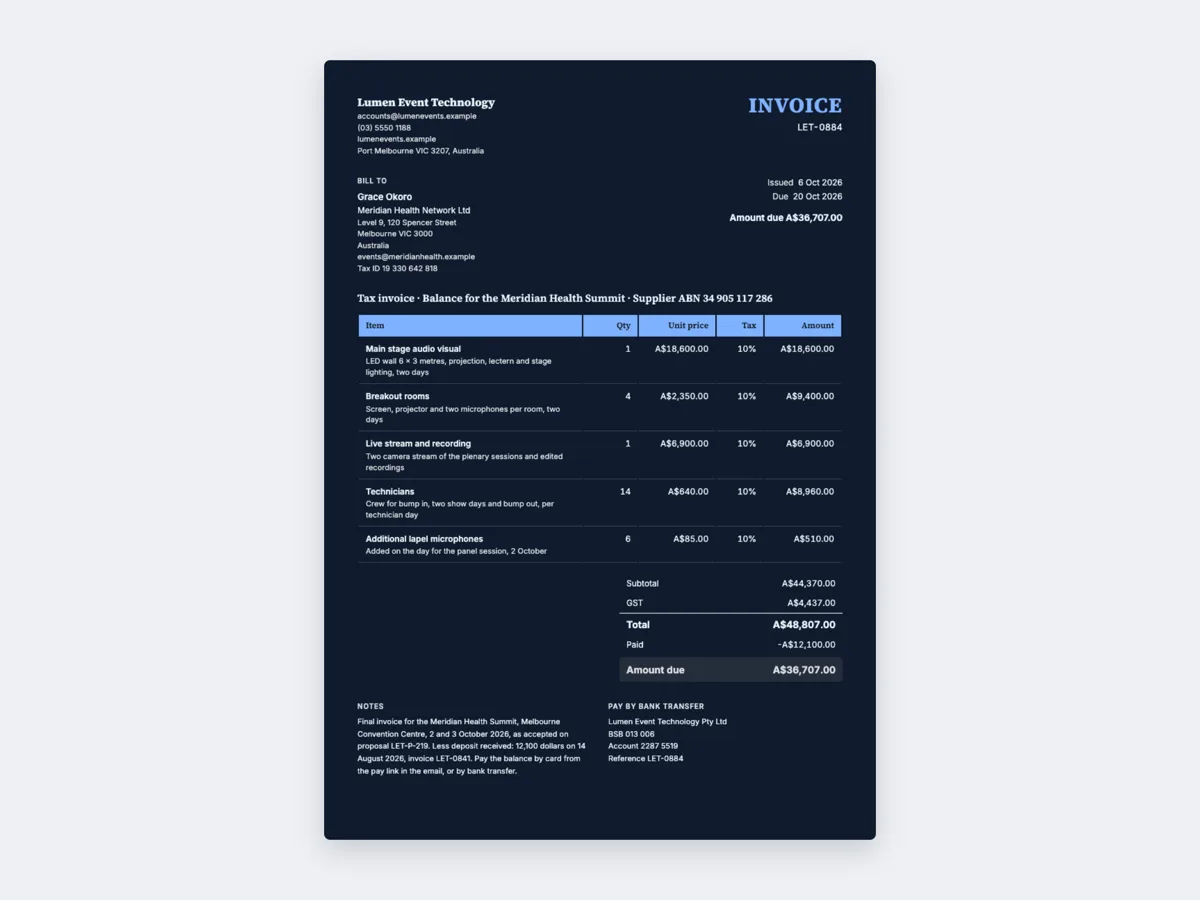 Final invoice example with the deposit deducted and a pay link example
