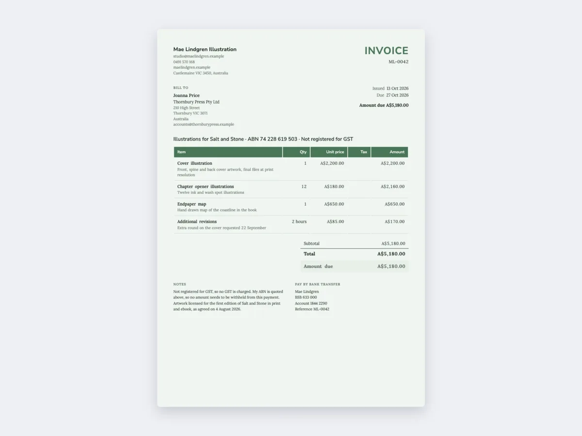Freelance invoice example for a sole trader not registered for GST example