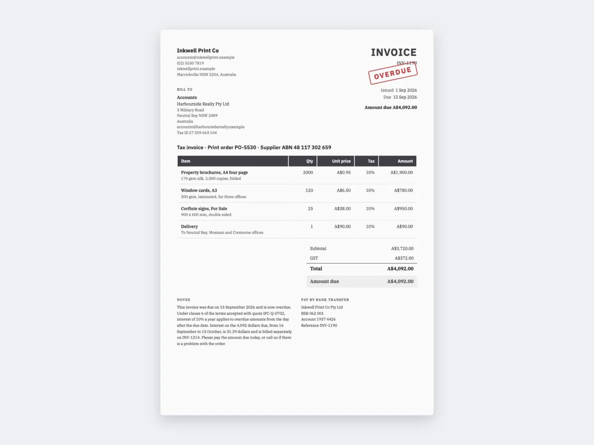 Invoice with a late fee: an overdue invoice and its interest example