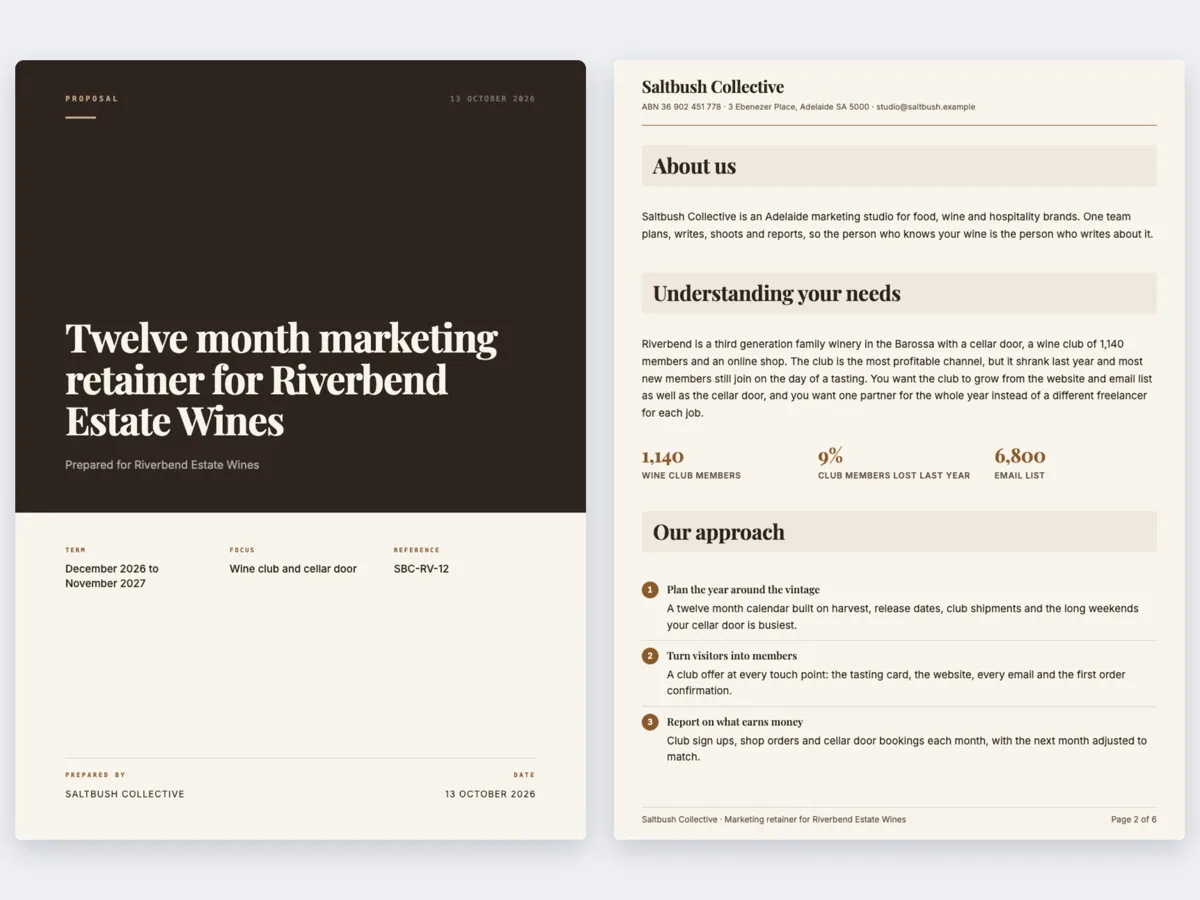 Marketing retainer proposal example for a twelve month program example