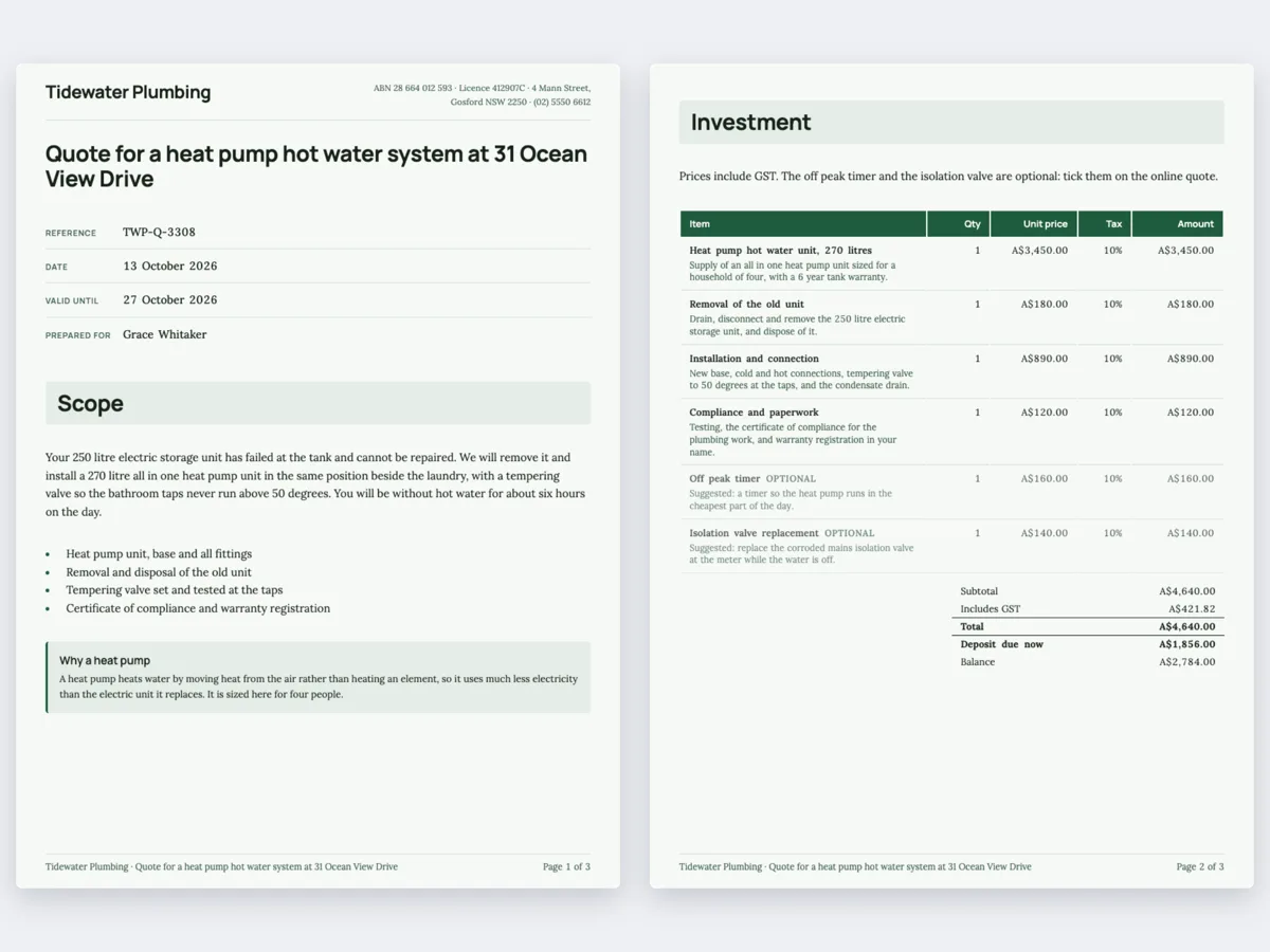 Plumbing quote example for a hot water system replacement example