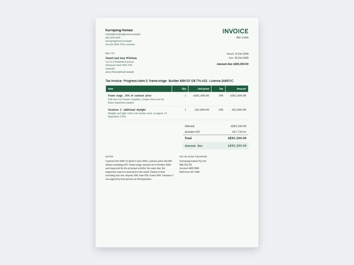 Progress invoice example for a frame stage claim example