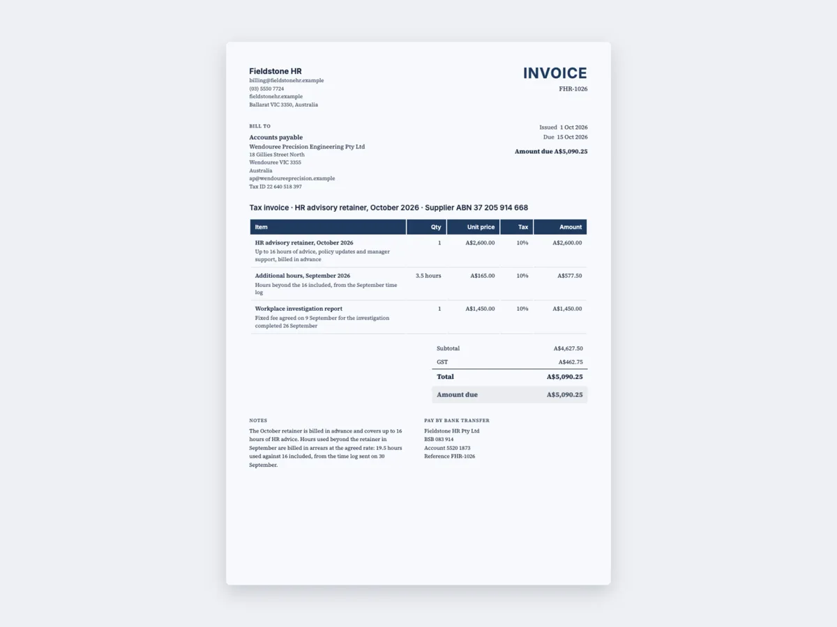Retainer invoice example with extra hours billed in arrears example