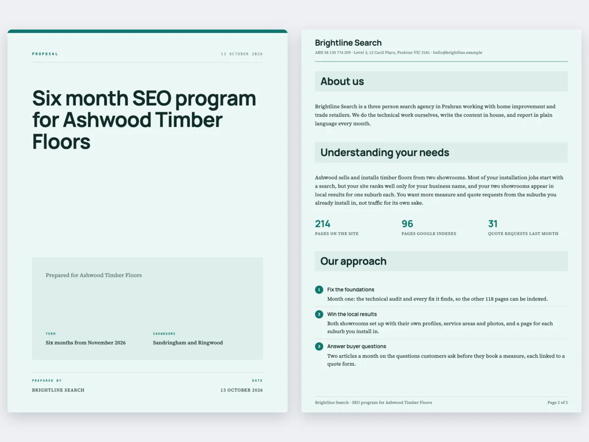 SEO proposal template, filled in for a six month program example
