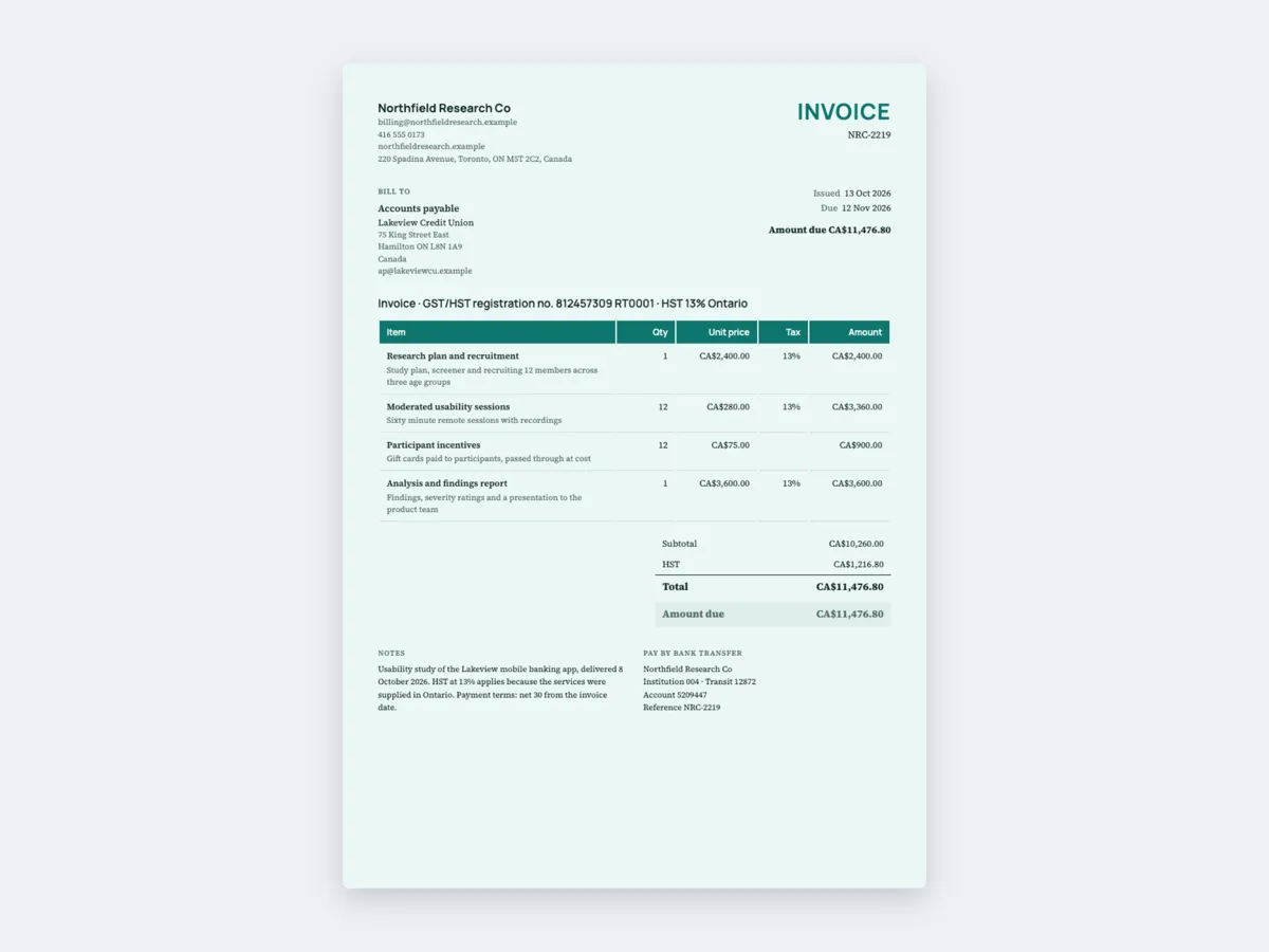 Invoice example for Canada with HST at 13% example