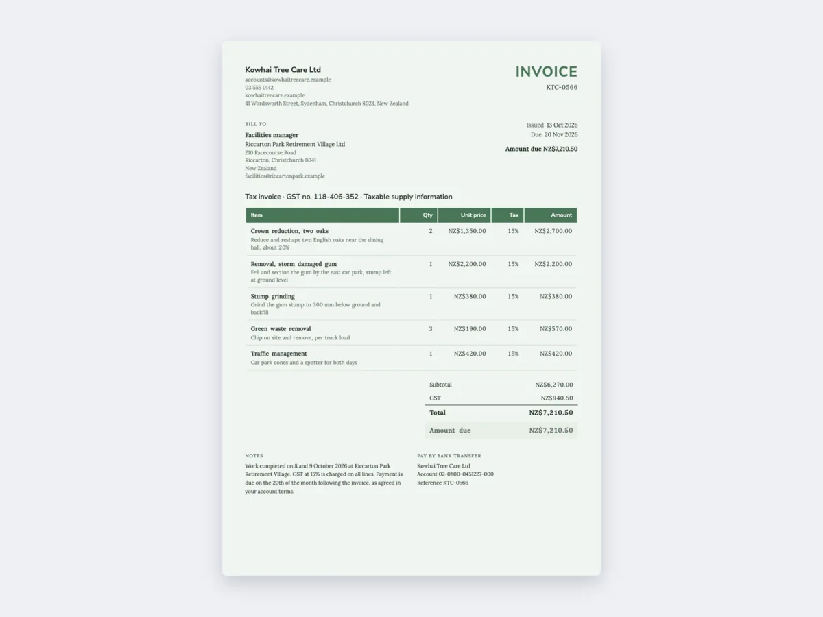 Tax invoice example for New Zealand with GST at 15% example