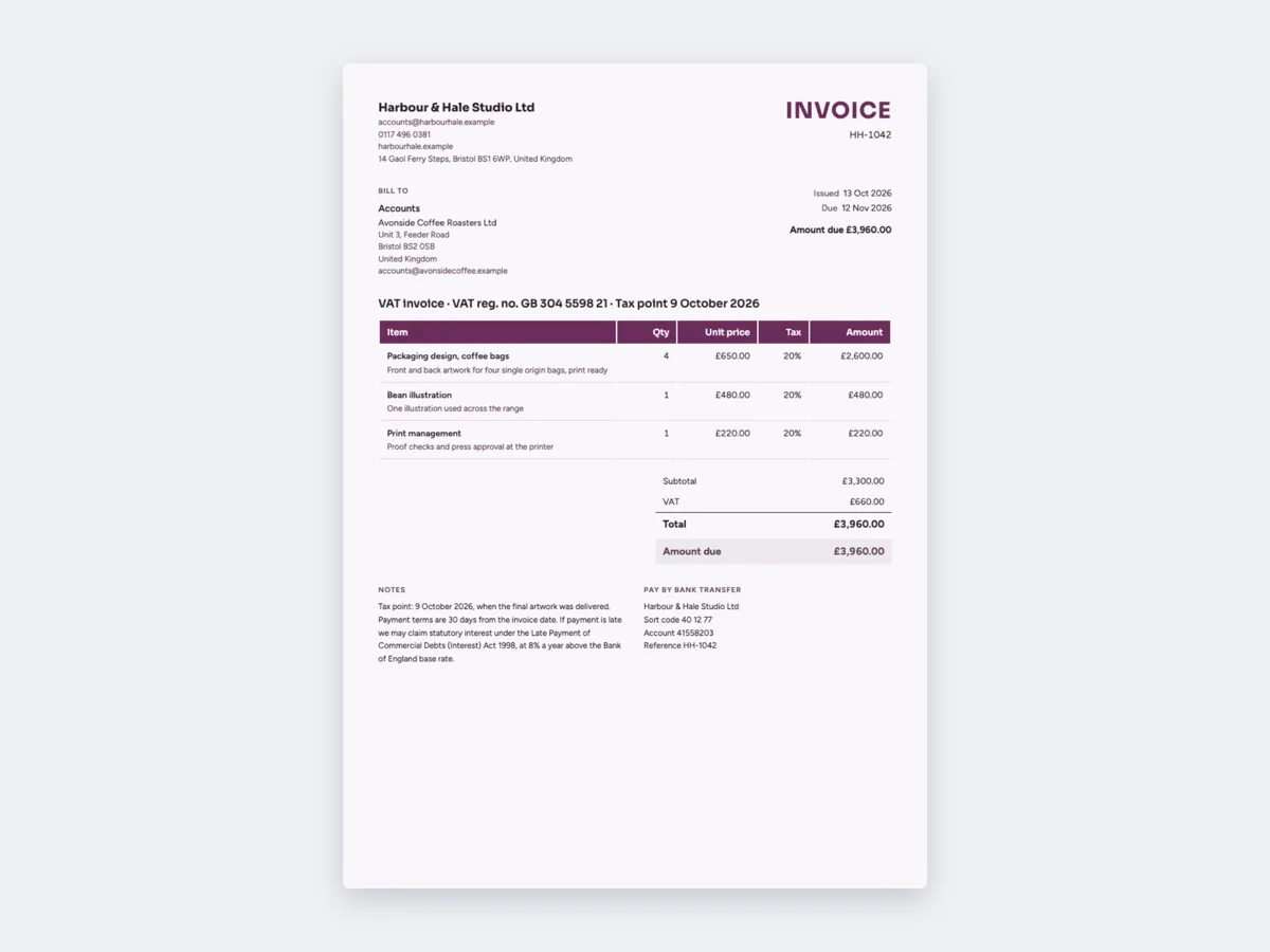 VAT invoice example for a UK business example