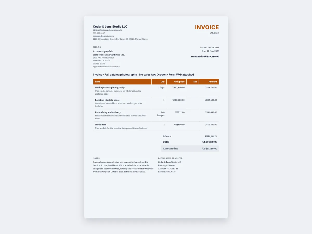 Invoice example for the US, from an Oregon business example